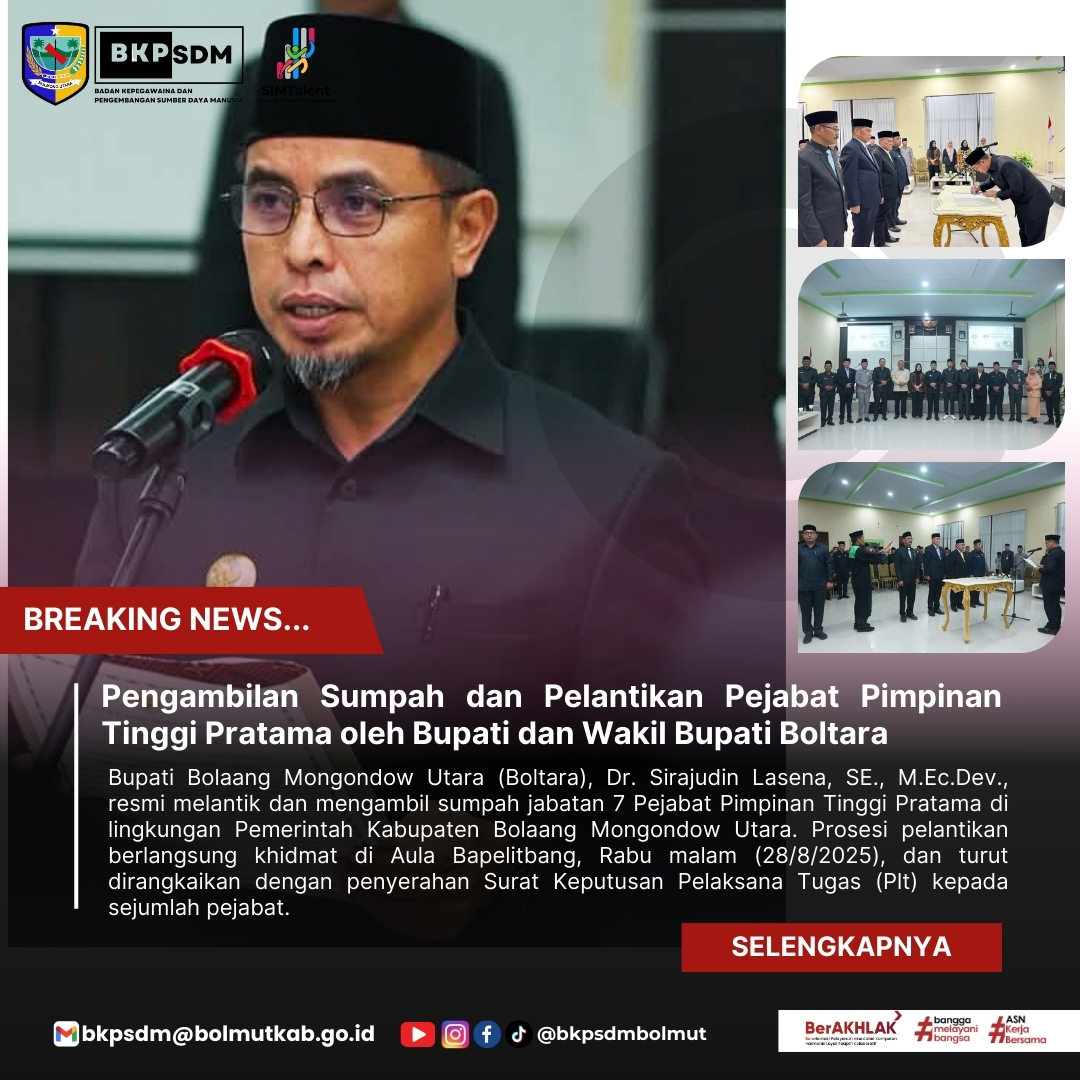 Pengambilan Sumpah Dan Pelantikan Pejabat Pimpinan Tinggi Pratama Oleh Bupati Dan Wakil Bupati Boltara
